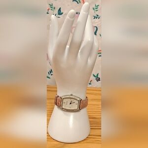 Vintage Yves Bertelin Boho Casual Neutral Watch w/ Bling Pink Croc Leather Band